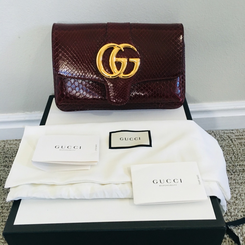 New Authentic Gucci Running Genuine Python Small Shoulder Bag Brown - Picture 1 of 14